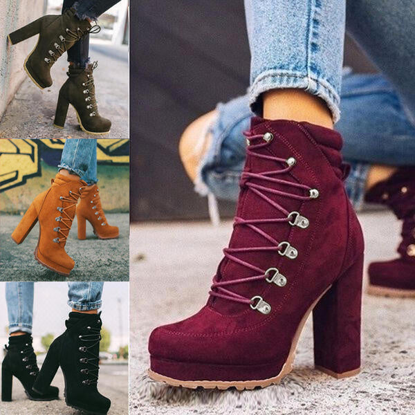 Heeled Boots For Women Round Toe Lace