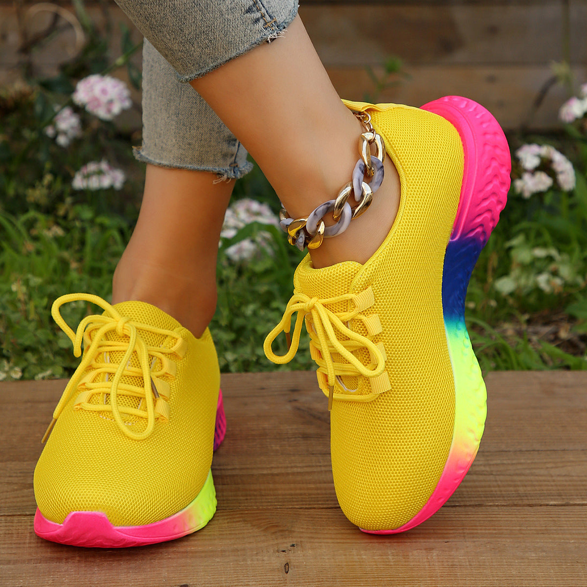 Lace-up Mesh Shoes With Rainbow Sole Design