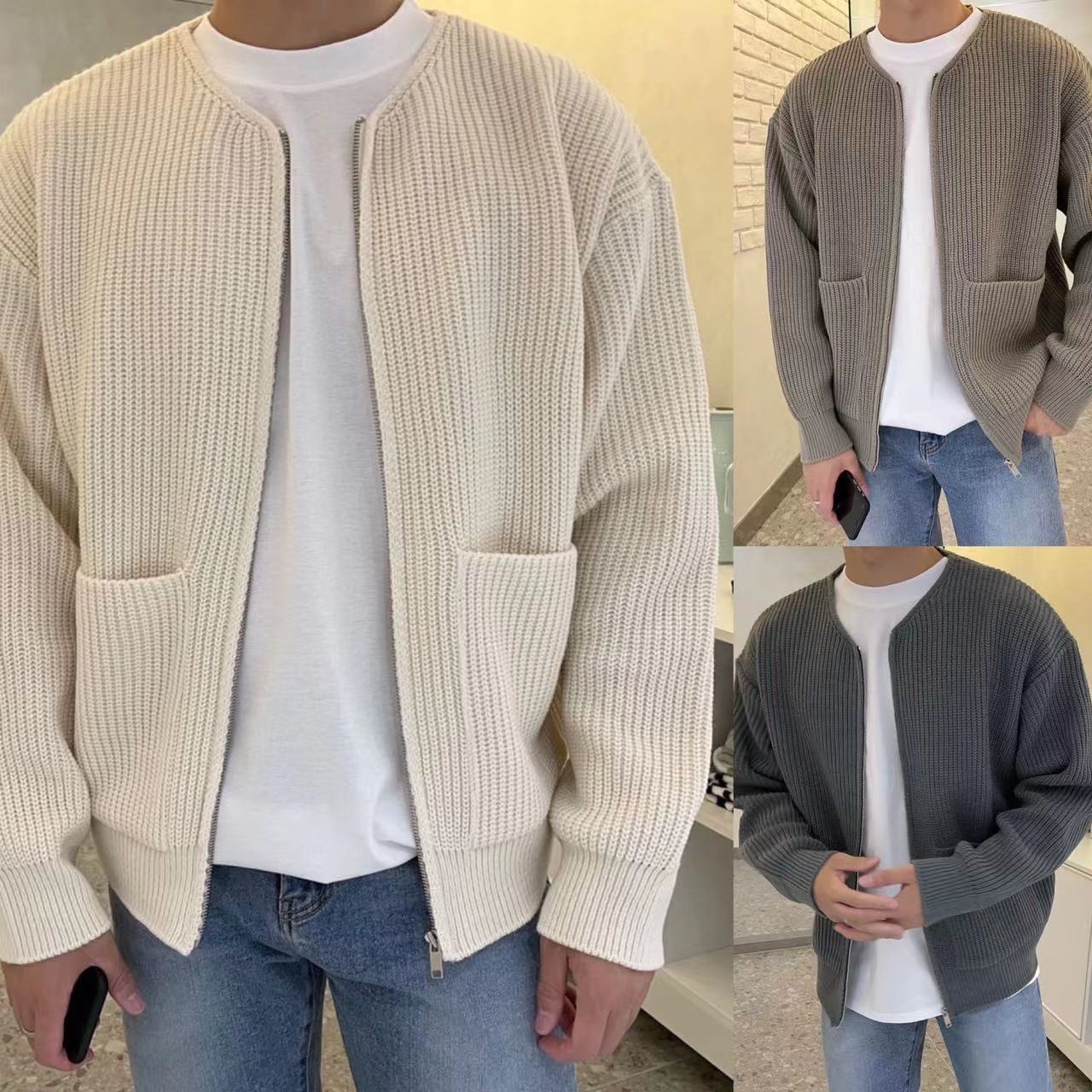 Men Zip Up Knitted Cardigan Lined Funnel Neck