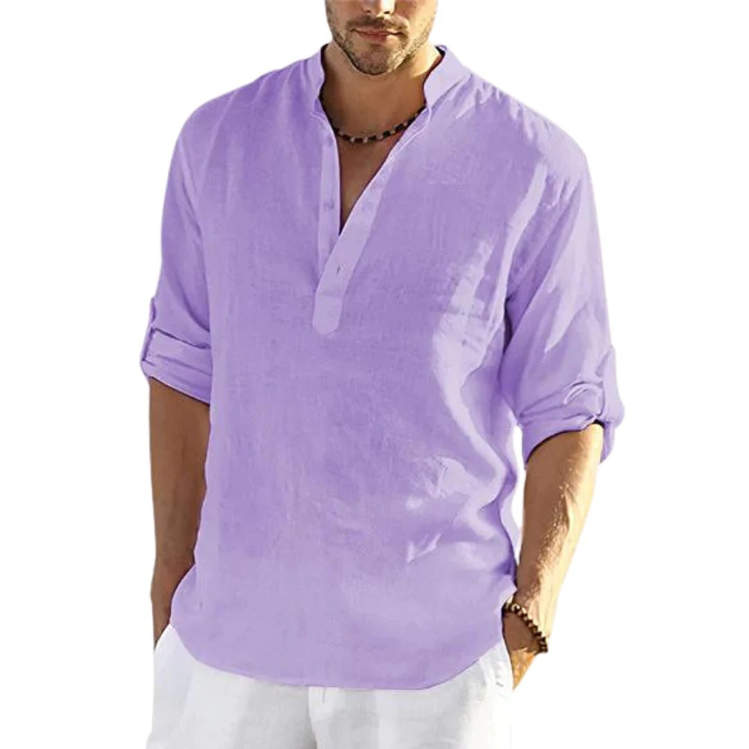 Men's Casual Cotton Long Sleeve Shirt Loose Stand Collar