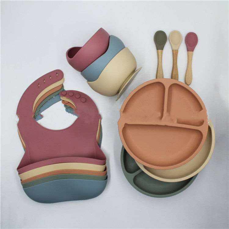 Bib Dinner Plate Spoon Bowl 4 Piece Set Silicone Baby Bowl