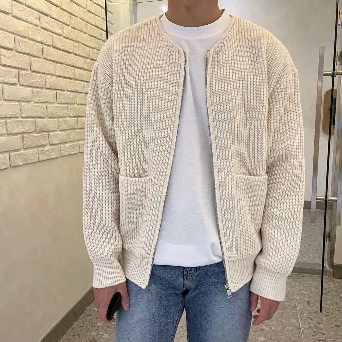 Men Zip Up Knitted Cardigan Lined Funnel Neck