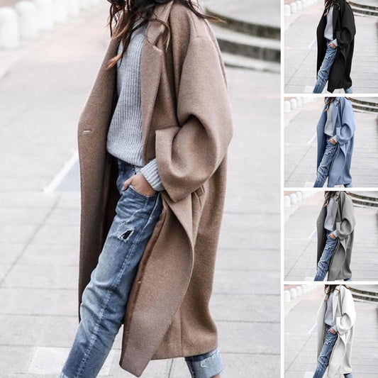 Casual Long Jacket With Pockets Solid Color