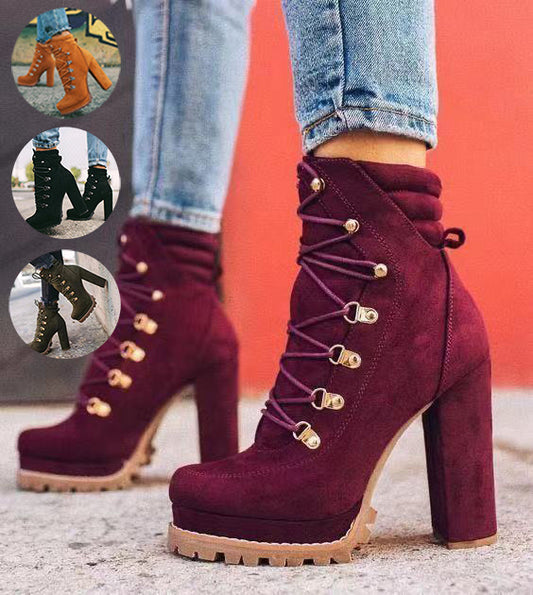 Heeled Boots For Women Round Toe Lace