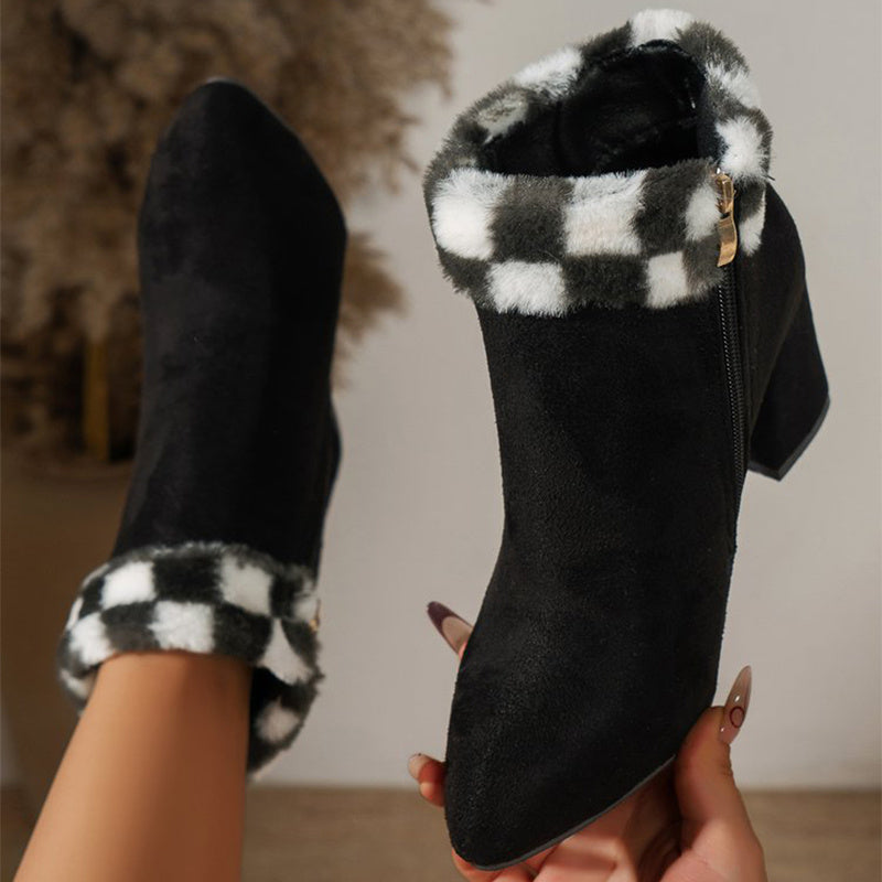 New Plaid Print Plush Ankle Boots Winter