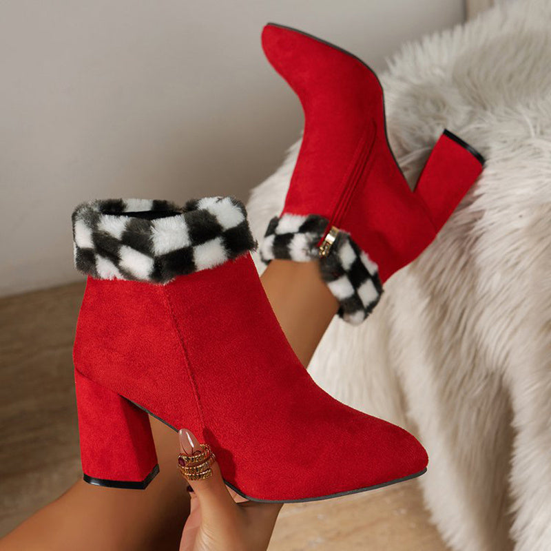 New Plaid Print Plush Ankle Boots Winter