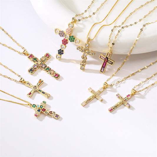 Micro Zircon-inlaid Pendant Cross Necklace