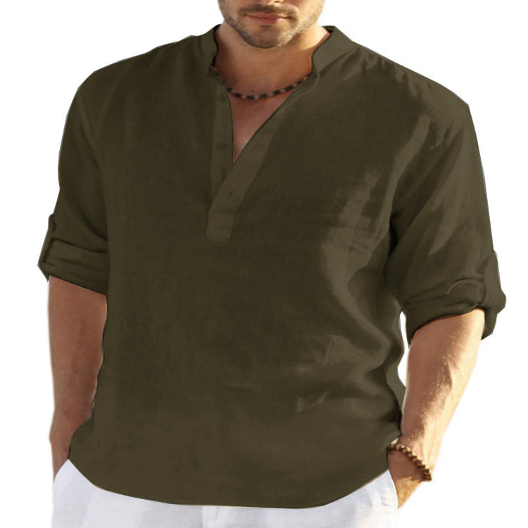 Men's Casual Cotton Long Sleeve Shirt Loose Stand Collar