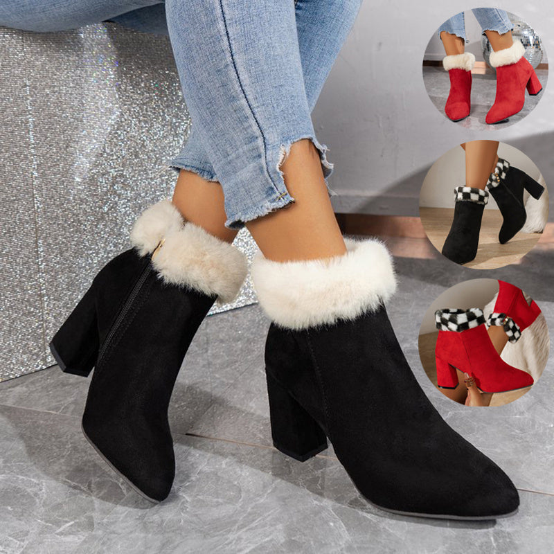 New Plaid Print Plush Ankle Boots Winter