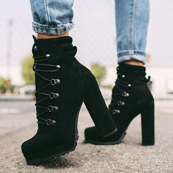 Heeled Boots For Women Round Toe Lace