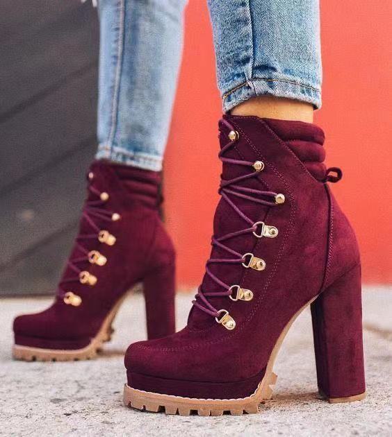 Heeled Boots For Women Round Toe Lace