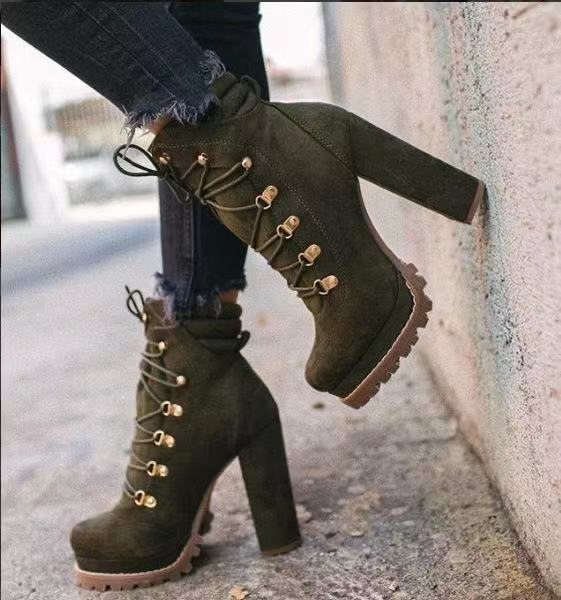 Heeled Boots For Women Round Toe Lace