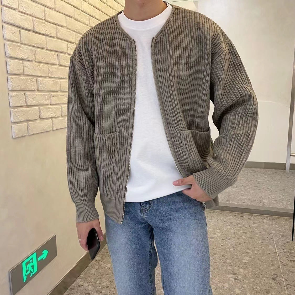 Men Zip Up Knitted Cardigan Lined Funnel Neck